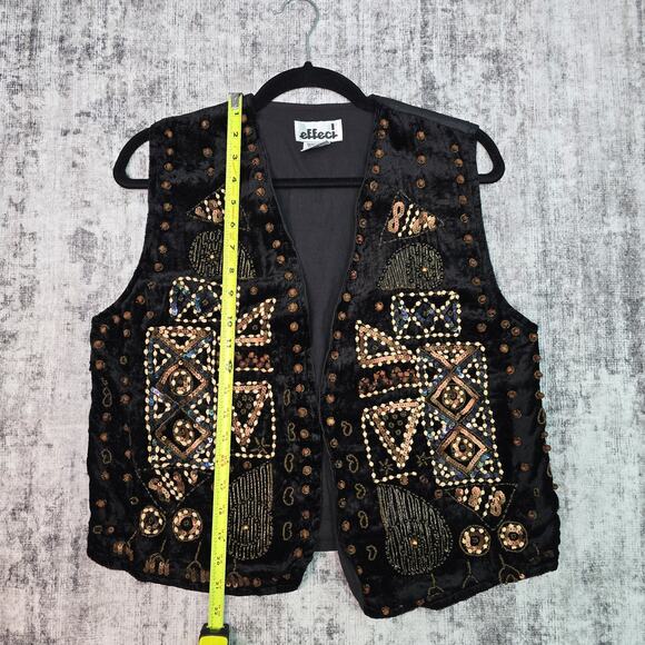 Effect Vest Womens Medium Black Sequin Beaded Velvet Boho Festival Retro 90s M - Picture 7 of 11